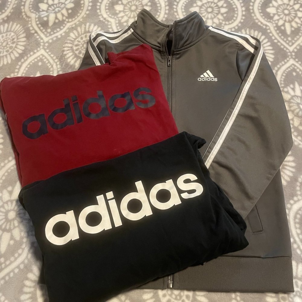 Adidas boys medium bundle, two long sleeves and one zip up track jacket